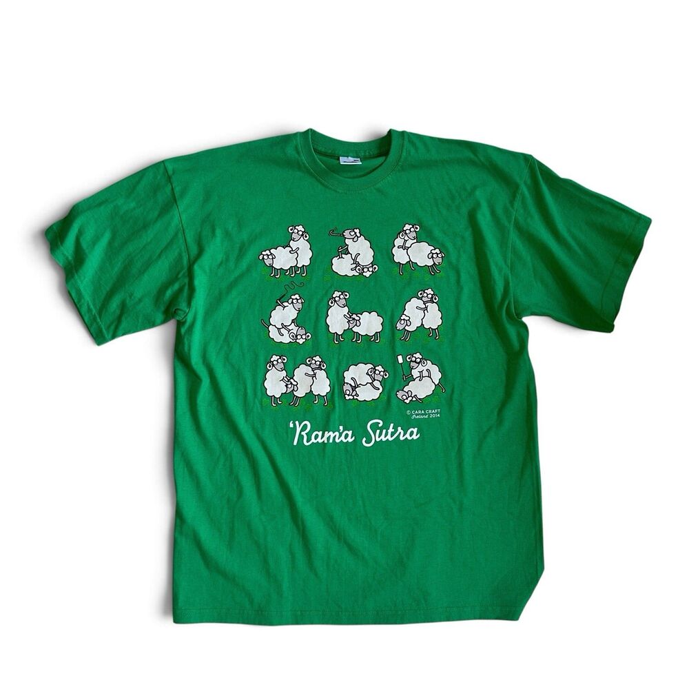 Vintage Cara Craft Rama Sutra Sheep T Shirt Green FOTL Ireland L Funny Adult